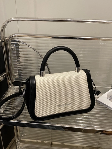 Korean Style Small Square Crossbody Bag Women PU Leather Woven Contrast Top Handle Adjustable Strap Retro Handbag