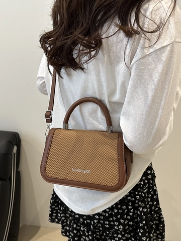 Korean Style Small Square Crossbody Bag Women PU Leather Woven Contrast Top Handle Adjustable Strap Retro Handbag