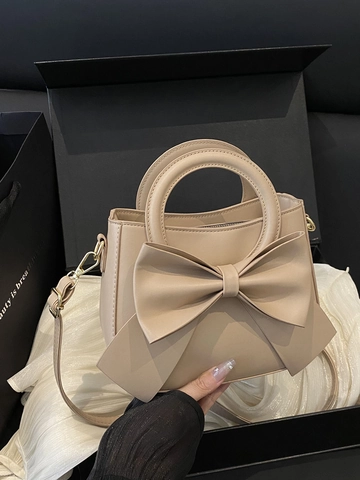 Women Handbag PU Leather Large Bow Decor Top Handle Crossbody Shoulder Bag Solid Color Fashionable