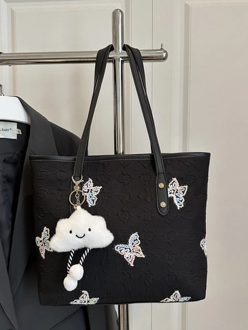 Women Embroidered Butterfly Tote Bag Large Capacity PU Leather Shoulder Bag Quilted Handbag With Cloud Charm Sweet Artistic Commuter Purse