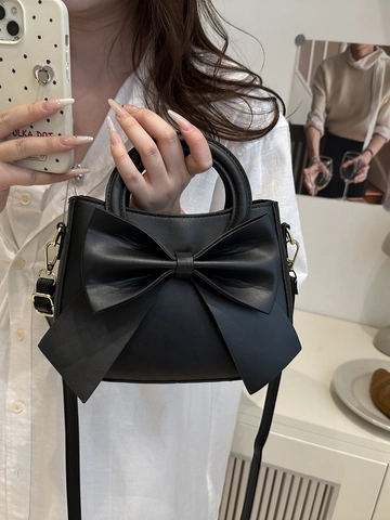 Women Handbag PU Leather Large Bow Decor Top Handle Crossbody Shoulder Bag Solid Color Fashionable