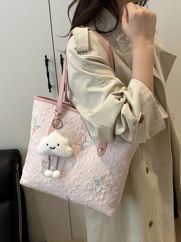 Women Embroidered Butterfly Tote Bag Large Capacity PU Leather Shoulder Bag Quilted Handbag With Cloud Charm Sweet Artistic Commuter Purse