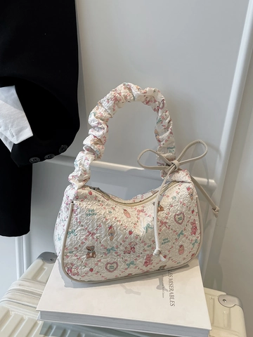 Sac Sous Les Aisselles Imprimé Ours Dessin Animé Bandoulière Froncée Nœud Sac À Main Tissu PU Femmes