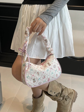 Sac Sous Les Aisselles Imprimé Ours Dessin Animé Bandoulière Froncée Nœud Sac À Main Tissu PU Femmes