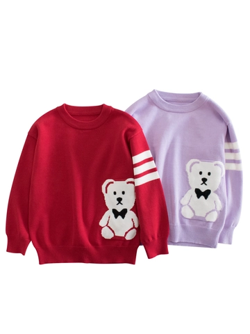 Girls Kids Cute Cartoon Bear Knitted Sweater Pullover Long Sleeve Cotton Winter Warm Top With Stripes Style Casual Apparel