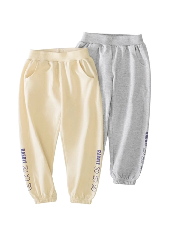 Girls Cotton Sports Pants Rabbit Pattern Cuffed Sweatpants Elastic Waist Casual Trousers For Kids Spring Autumn