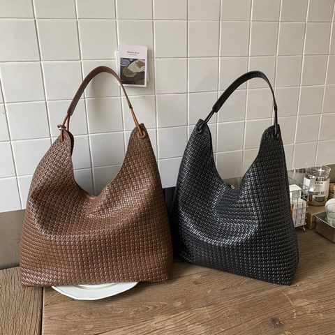 Women Woven Tote Bag Large Capacity PU Leather Hobo Shoulder Bag Minimalist Retro Handbag For Daily Commute Versatile Bag