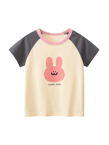 Mädchen Baumwolle Raglanärmel T-Shirt Cartoon Hase Sweet Smile Print Color Block Sommer Casual Top Für Kleine Kinder