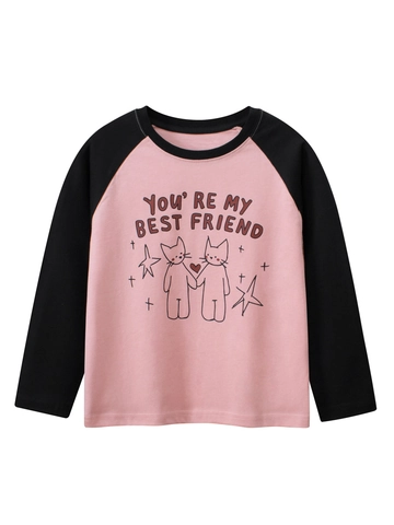 Maglietta A Maniche Lunghe Per Ragazze 100% Cotone Maniche Raglan Stampa Gatto Cartone Animato Top Casual