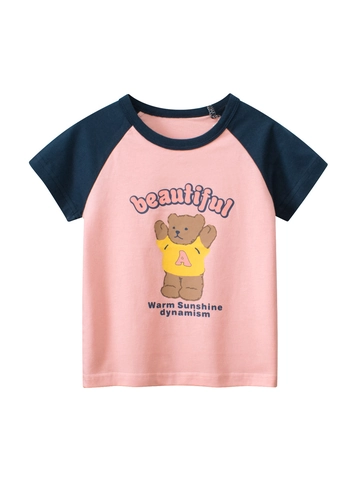Maglietta da Ragazza in Cotone Estiva Stampa Orso Cartone Animato Manica Raglan a Contrasto Girocollo Top Casual per Bambini