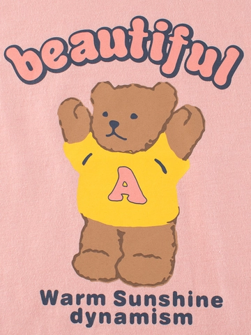 Maglietta da Ragazza in Cotone Estiva Stampa Orso Cartone Animato Manica Raglan a Contrasto Girocollo Top Casual per Bambini