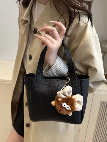 Women Trendy Litchi Grain PU Leather Bucket Bag Retro Fashion Lightweight Tote Bag Shoulder Crossbody Handbag With Monster Charm