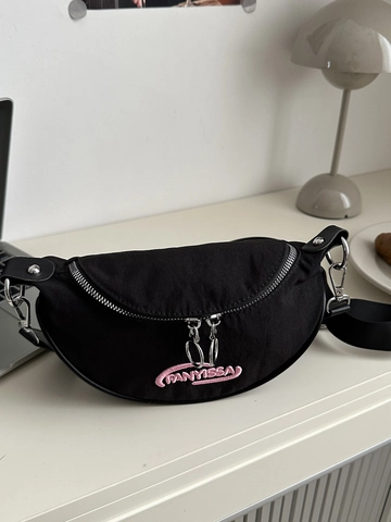 Dames Halve Maan Schoudertas Nylon Crossbodytas Met Dubbele Rits Borduursel Letters Casual Street Style Tas