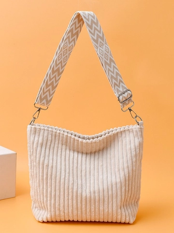 Women Corduroy Shoulder Bag Large Capacity Tote With Geometric Pattern Wide Strap Retro Casual Commuter Handbag Bag