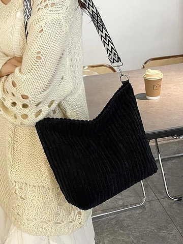 Women Corduroy Shoulder Bag Large Capacity Tote With Geometric Pattern Wide Strap Retro Casual Commuter Handbag Bag