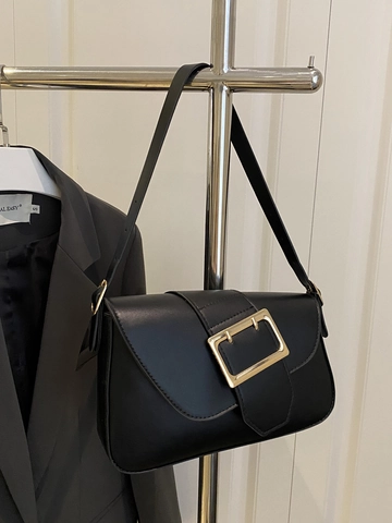 Women Fashion PU Leather Shoulder Bag Elegant Solid Color Underarm Bag With Large Gold Buckle For Daily Commute Office