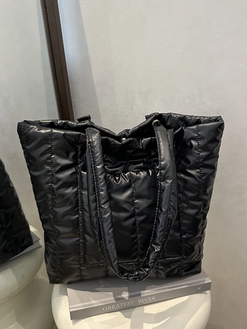 Bolso Tote Acolchado de Gran Capacidad para Mujer Brillo Metálico Bolso de Hombro Minimalista de Algodón Espacial Diario