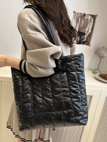 Bolso Tote Acolchado de Gran Capacidad para Mujer Brillo Metálico Bolso de Hombro Minimalista de Algodón Espacial Diario