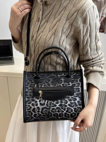 Leopardenmuster Tragetasche PU Leder Handtasche Mit Reißverschlusstasche Verstellbarem Riemen Für Damen Trendig