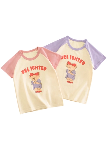 Kids Girls Cotton Short Sleeve Raglan T-Shirt Cartoon Bear Printed Color Block Round Neck Casual Summer Jersey Tee Top
