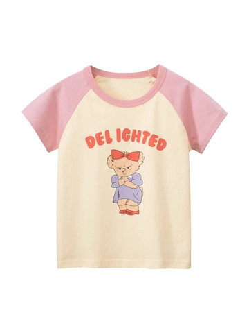 Kids Girls Cotton Short Sleeve Raglan T-Shirt Cartoon Bear Printed Color Block Round Neck Casual Summer Jersey Tee Top