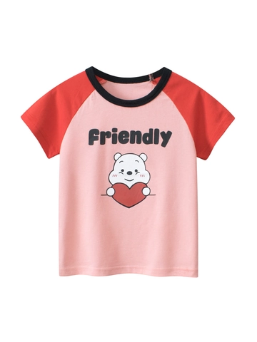 Camiseta De Manga Corta Para Niñas Puro Algodón Raglán Color En Contraste Cuello Redondo Dibujos Oso Corazón Casual Top