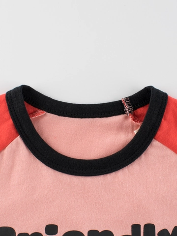 Camiseta De Manga Corta Para Niñas Puro Algodón Raglán Color En Contraste Cuello Redondo Dibujos Oso Corazón Casual Top