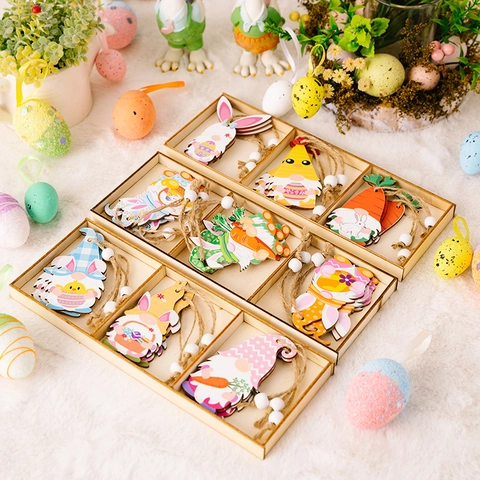 Set Ornamenti Gnomo Coniglio di Pasqua in Legno Con Scatola Portaoggetti Ciondoli Appendere in Legno Colorato Decorazione Festa Casa