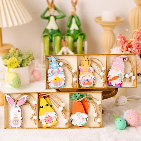Set Ornamenti Gnomo Coniglio di Pasqua in Legno Con Scatola Portaoggetti Ciondoli Appendere in Legno Colorato Decorazione Festa Casa
