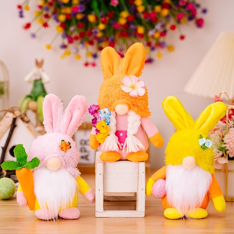 Easter Plush Gnome Bunny Decoration Handmade Spring Tabletop Decor Bunny Ears Carrot Easter Egg Home Holiday Party Gift