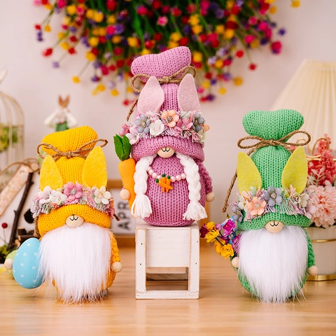 Easter Knitted Gnome Doll Bunny Ears Flower Wreath Desktop Ornament Spring Home Decoration Hand-woven Plush Toy