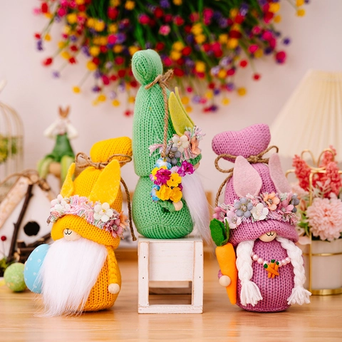Easter Knitted Gnome Doll Bunny Ears Flower Wreath Desktop Ornament Spring Home Decoration Hand-woven Plush Toy