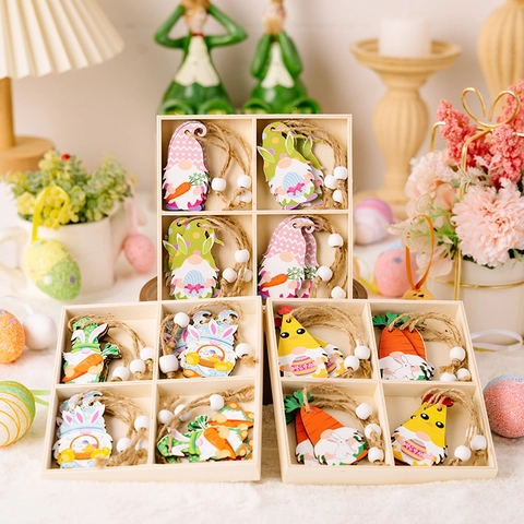 Décorations Suspendues en Bois de Pâques Gnome Carotte Œuf Ornements Avec Boîte en Bois Grillagée et Corde pour Fête Maison