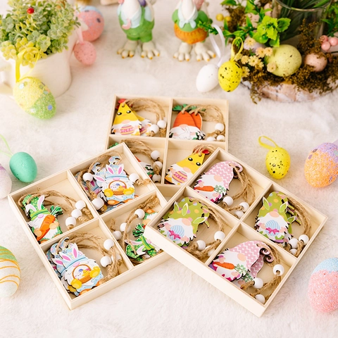 Décorations Suspendues en Bois de Pâques Gnome Carotte Œuf Ornements Avec Boîte en Bois Grillagée et Corde pour Fête Maison