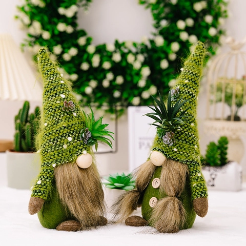 Sukkulenten Gestrickte Gnom Gesichtlose Puppe Ornament Nordisch Grün Wald Stil Plüsch Tomte Figur Für Haus Garten Dekoration