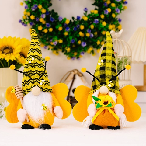Poupée En Peluche Gnome Abeille Ornement Rudolf Sans Visage Avec Ailes Tournesol Cuillère À Miel Bonnet Tricoté Décoration Table Maison