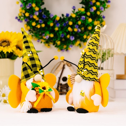 Poupée En Peluche Gnome Abeille Ornement Rudolf Sans Visage Avec Ailes Tournesol Cuillère À Miel Bonnet Tricoté Décoration Table Maison