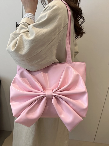 Bolso Tote con Lazo Grande para Mujer de Cuero de PU Bolso de Hombro Moda Estilo Coreano Color Sólido de Viaje