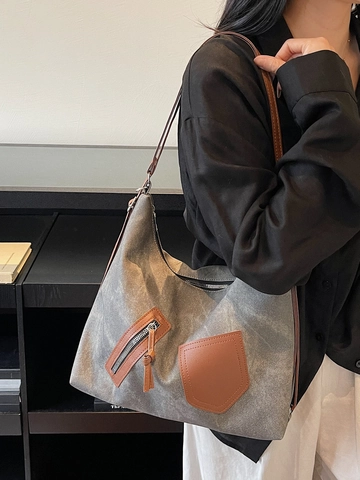 Grande Borsa Hobo Da Donna Retro PU Pelle Borsa A Spalla Casual Shopping Bag Con Tasca Esterna Con Cerniera