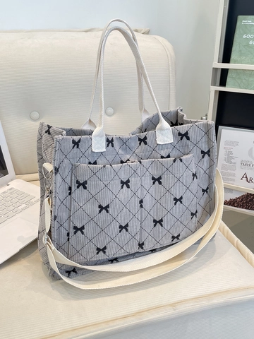 Borsa Tote In Velluto A Coste Donna Stampa Fiocco Motivo Plaid Borsa A Spalla Con Tracolla Regolabile Tasche Frontali Casual