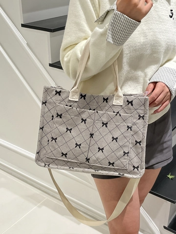 Borsa Tote In Velluto A Coste Donna Stampa Fiocco Motivo Plaid Borsa A Spalla Con Tracolla Regolabile Tasche Frontali Casual