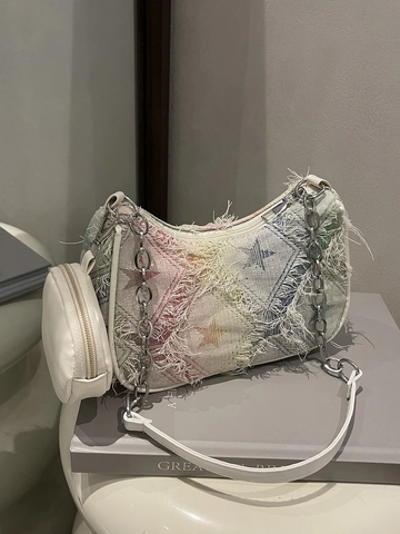 Women's Denim Fringe Star Plaid Underarm Bag Y2K Vintage Distressed Canvas Shoulder Bag With Small Round Pouch Chain Strap