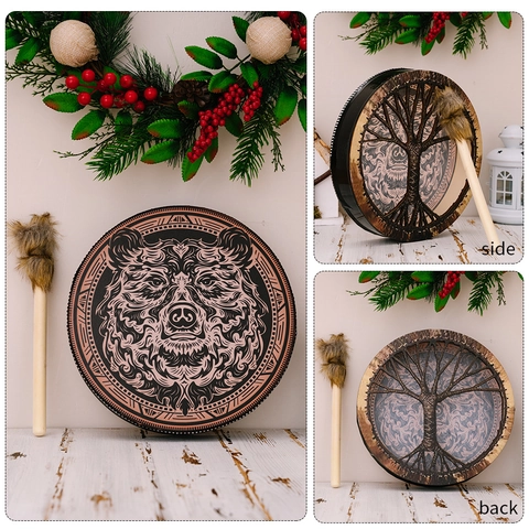 Shaman Drum Bear Totem Pattern Frame Drum With Drumstick Plywood Polyester Faux Sheepskin Siberian Spiritual Ritual Decoration