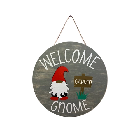 Welcome Gnome Wood Door Sign Round Vintage Grey Grain Hanging Plaque For Garden Home Decoration Rustic Farmhouse Decor
