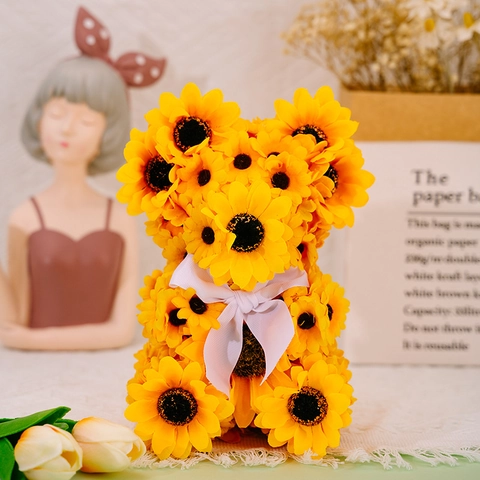 Sunflower Teddy Bear Artificial Flower Ornament Handmade Flower Bear With White Ribbon Bow For Home Garden Desktop Decor