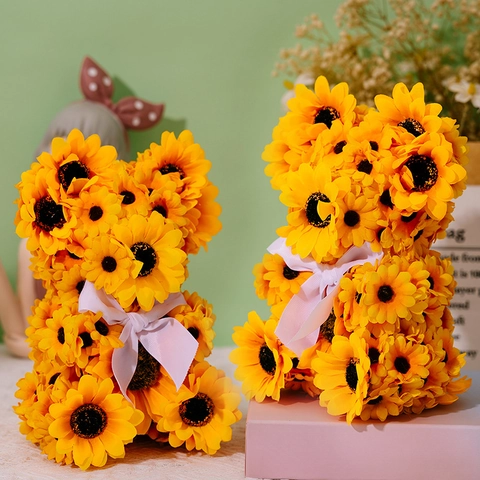 Sunflower Teddy Bear Artificial Flower Ornament Handmade Flower Bear With White Ribbon Bow For Home Garden Desktop Decor
