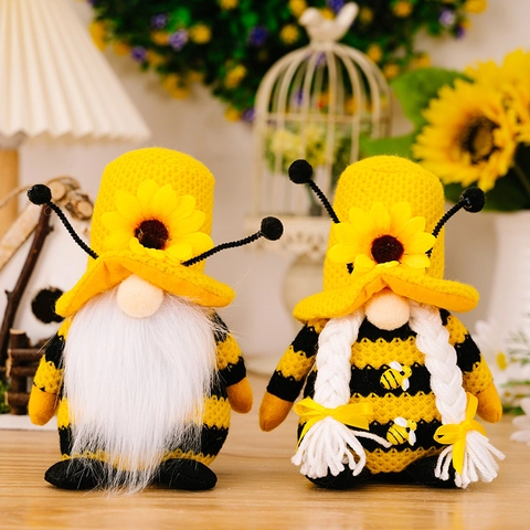 Gnomes en Peluche pour la Journée des Abeilles Chapeau en Tricot de Tournesol Poupées sans Visage à Rayures Décoration de Table de Printemps Figurine Rudolph