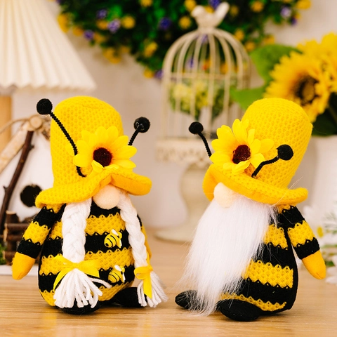 Gnomes en Peluche pour la Journée des Abeilles Chapeau en Tricot de Tournesol Poupées sans Visage à Rayures Décoration de Table de Printemps Figurine Rudolph
