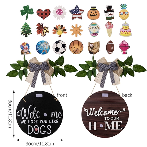 Welcome Door Sign Reversible Round Wood Interchangeable Seasonal Icons Burlap Bow Artificial Greenery Rustic Home Decor