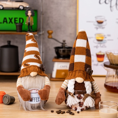 Gnomo da Caffè Peluche Decorazione Fatto a Mano Cappello a Maglia Barista Gnomo Bambola Senza Volto per Casa Cucina Bar Caffè Regalo